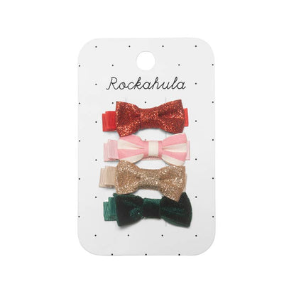 set of 4 mini bow clips covered in grosgrain ribbon, red, gold, green and pink and white striped. 2 sparkles and 1  velvet