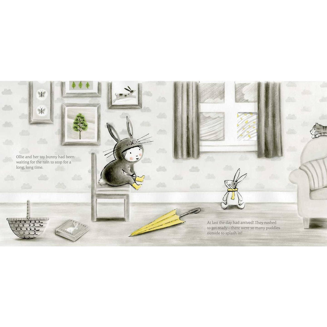 inside pages of the book where the little girl and the rabbit look out the window while its raining. 