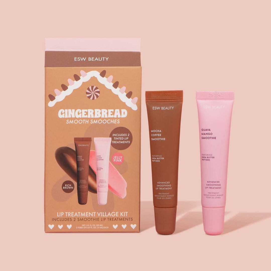 ESW Beauty Gingerbread Smooth Smooches lip treatment village kit on a beige background