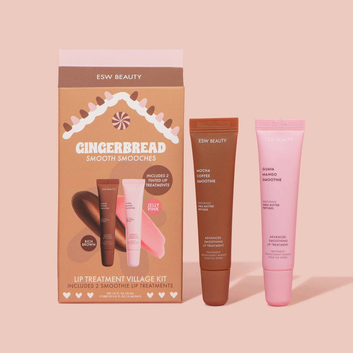 ESW Beauty Gingerbread Smooth Smooches lip treatment village kit on a beige background