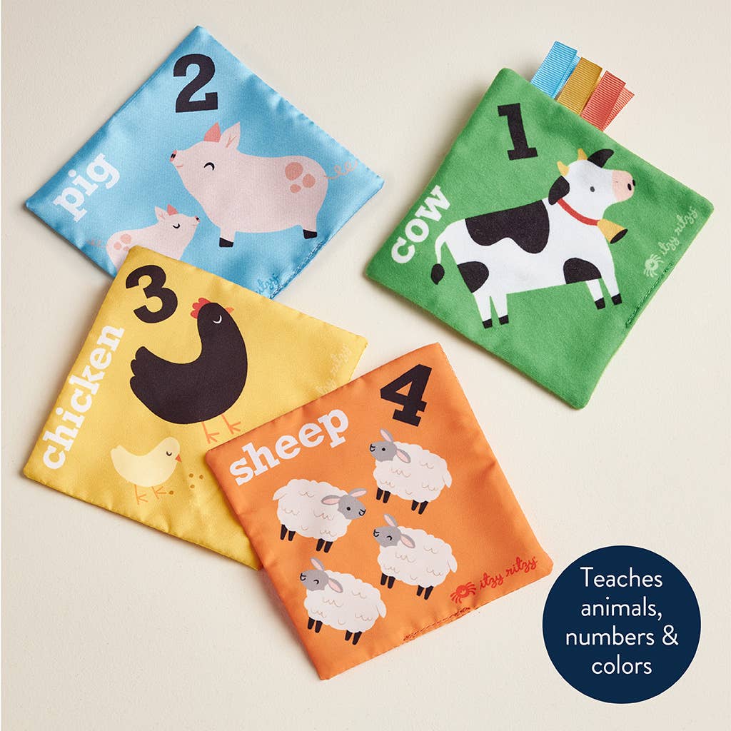 Four colorful children's educational books with animal illustrations and numbers on a beige background.