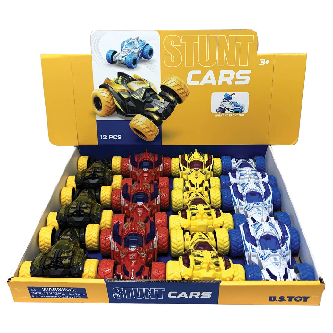 Box of U.S. Toy stunt cars with various designs on a white background