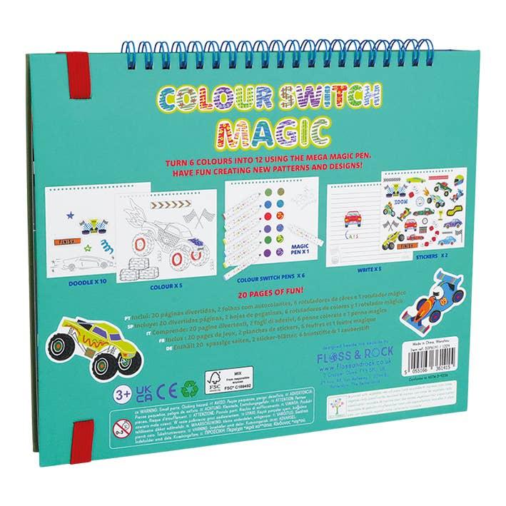 back of color switch magic book with instructions, ages to color with their pictures and stickers. 