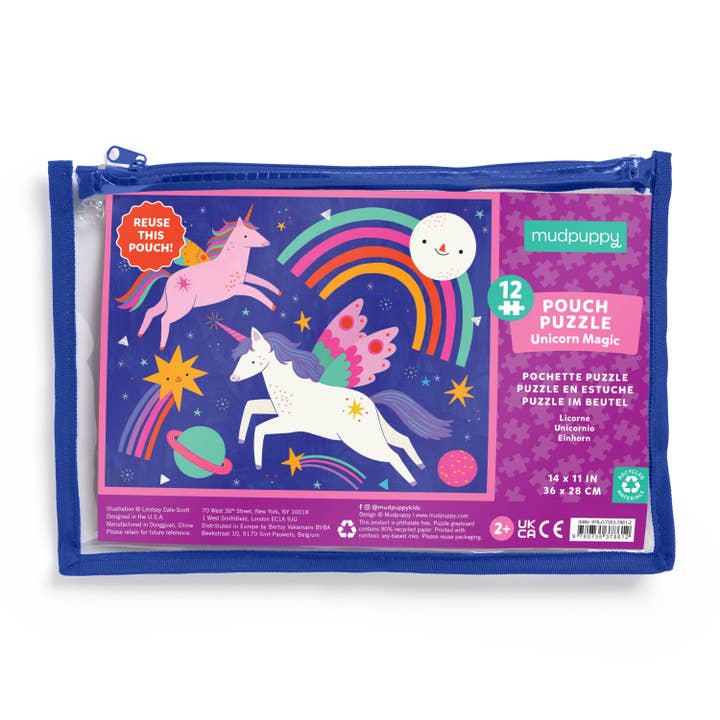 unicorn puzzle in reusable pouch with  unicorns, rainbows and shooting star. 