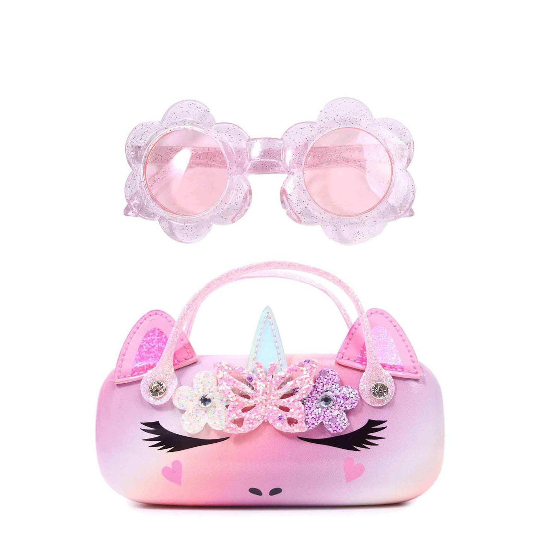 unicorn case that is pink in color with ears and horn. flower shaped sunglasses with glitter. 