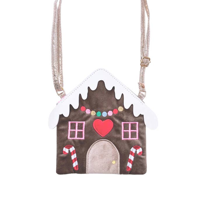 gingerbread house handbag with gold strap