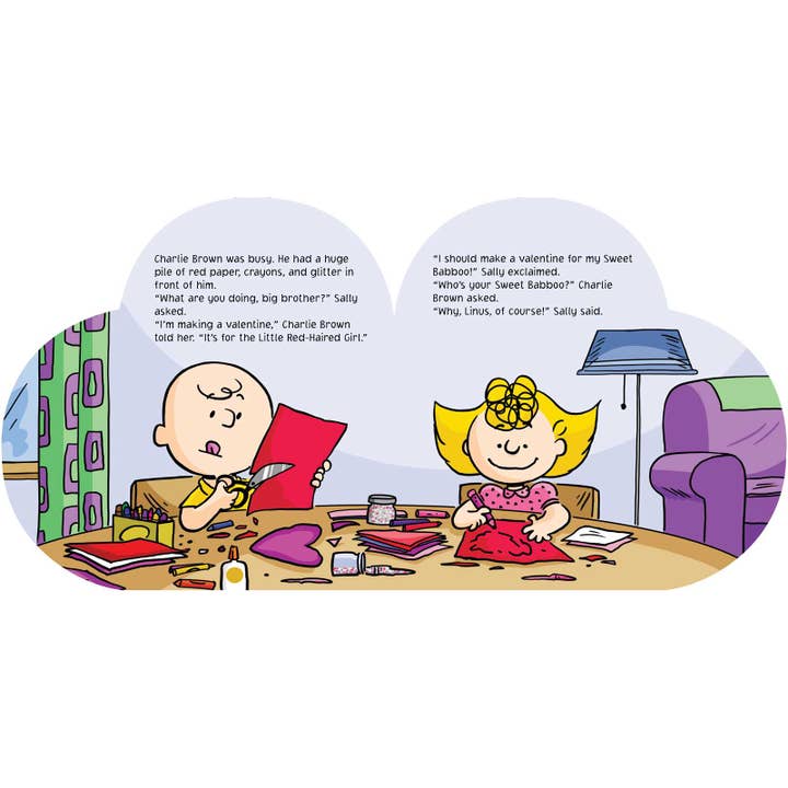 inside pages of the book with charlie brown and his sister writing valentines 