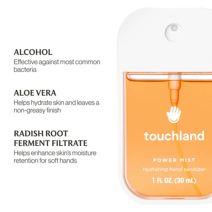 Touchland power mist hydrating hand sanitizer with ingredients listed on a white background