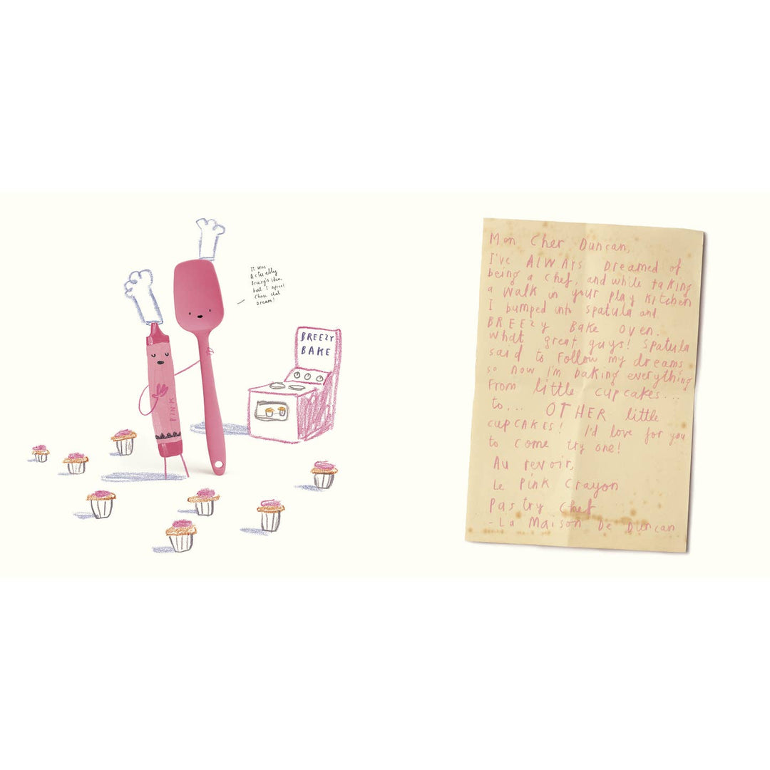 Illustration of a pink spatula character with a letter on a white background