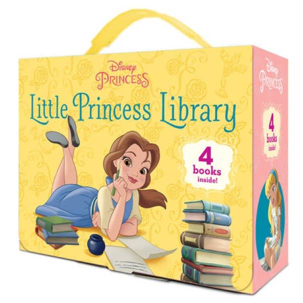 Disney Princess Little Princess Library with a girl reading books on a yellow background