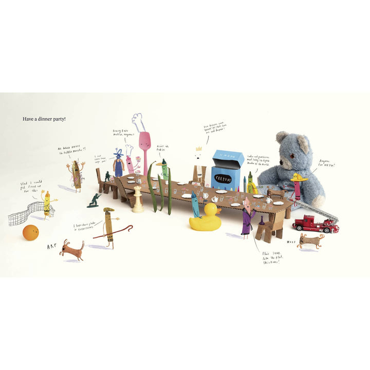 Collection of small toys and figurines on a white background with text labels.