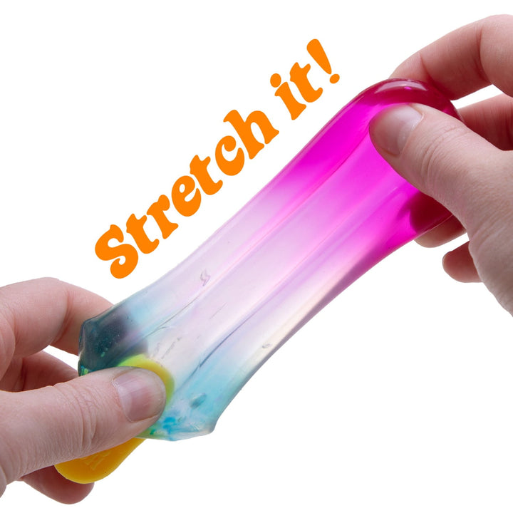 Colorful stretchy toy with text 'Stretch it!' on a white background