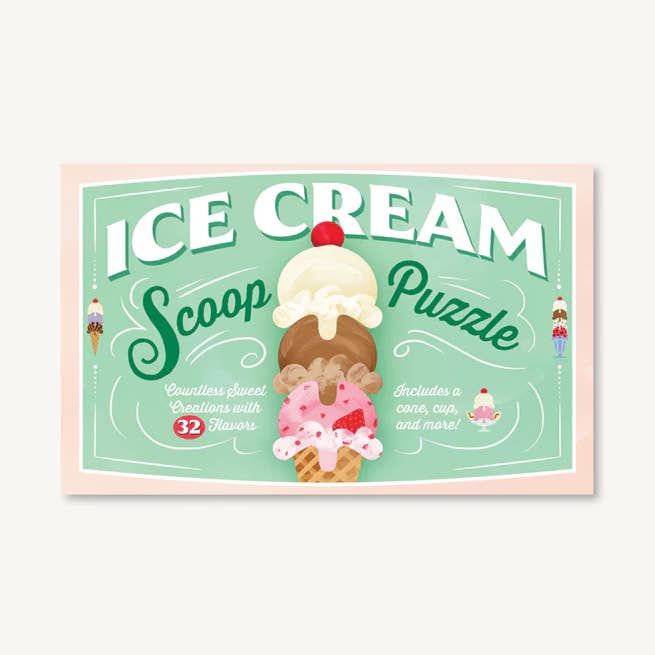 Ice cream-themed puzzle packaging with colorful ice cream illustrations on a green background.