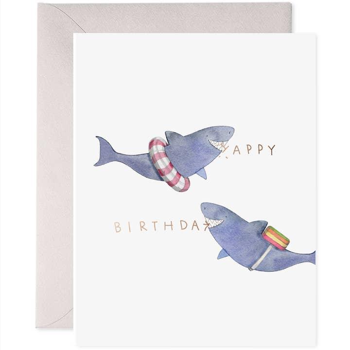 birthday card with two sharks on the front smiling and saying Happy Birthday