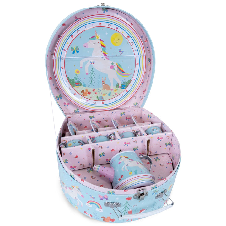 Children's tea set with unicorn design in a round suitcase on a white background