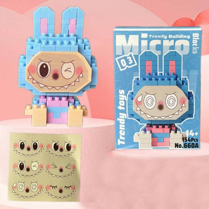 Toy building block character with packaging on a pink background