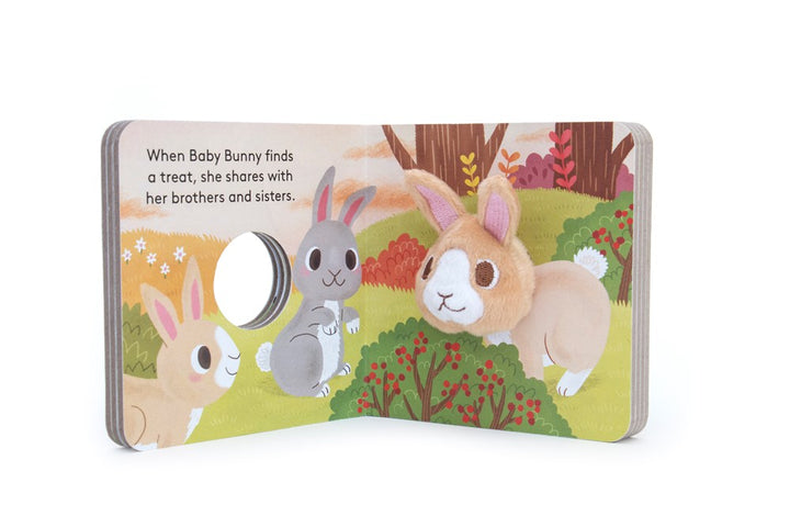 Children's book with bunny illustrations on a white background