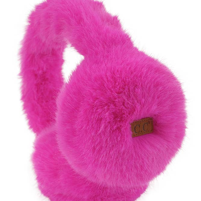 hot pink earmuffs with a faux fur look. 