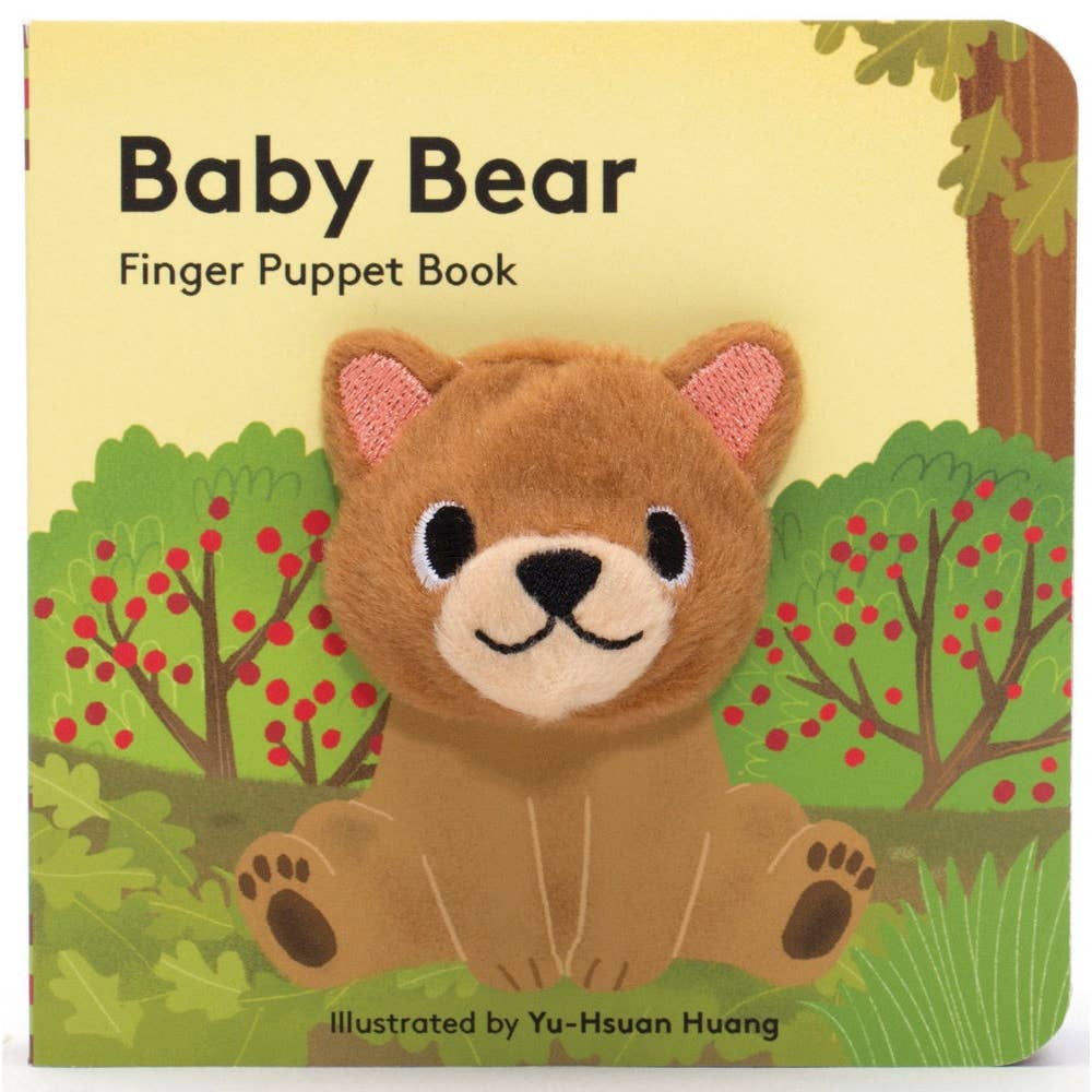 Finger puppet book cover with a bear puppet on a forest background