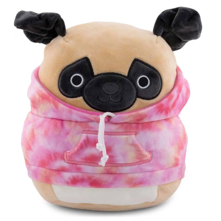Plush toy pug wearing a pink and red tie-dye hoodie 