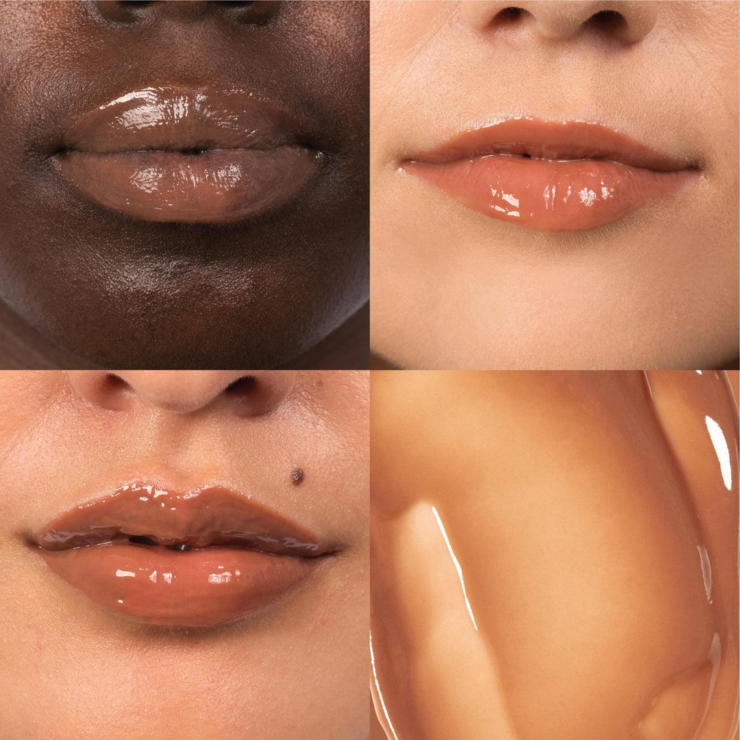 this picture shows three women wearing the lip balm with a natural/brownish tint to it. 