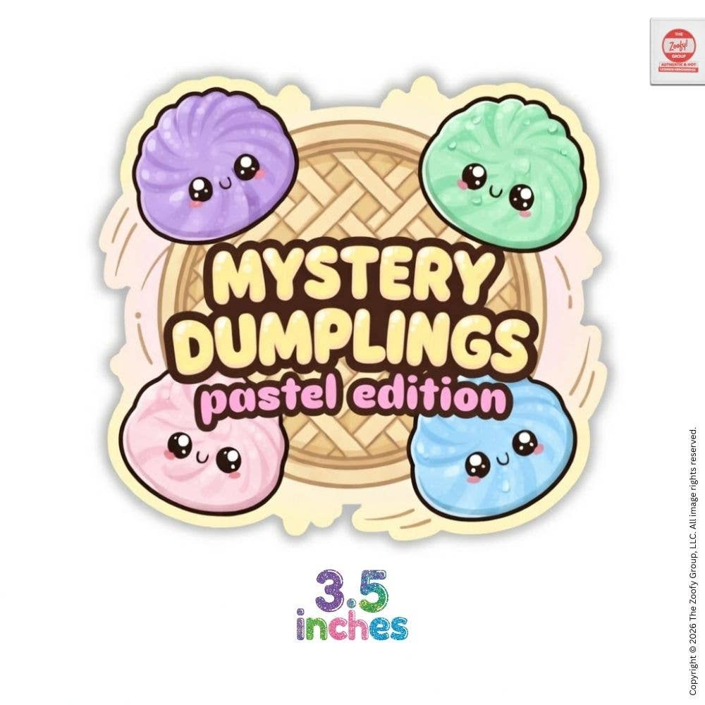 Sticker with cartoon dumplings in a basket labeled 'Mystery Dumplings pastel edition' on a white background.