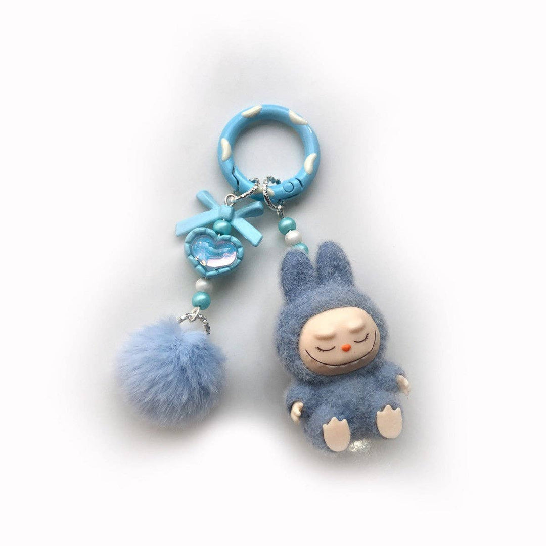 Key Chain | Flocked Mini Labubu Inspired Heart- Blue | Little Trendy