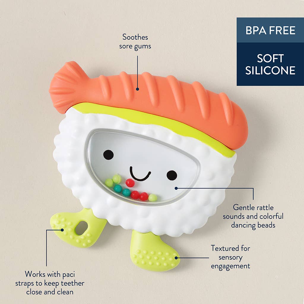 Teething toy shaped like a fish with text describing its features on a beige background
