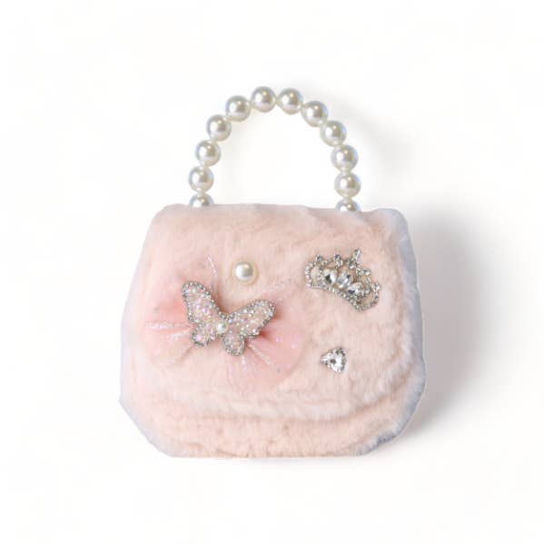 light pink furry handbag with pearl handle and gold chain. small butterfly applique and rhinestone