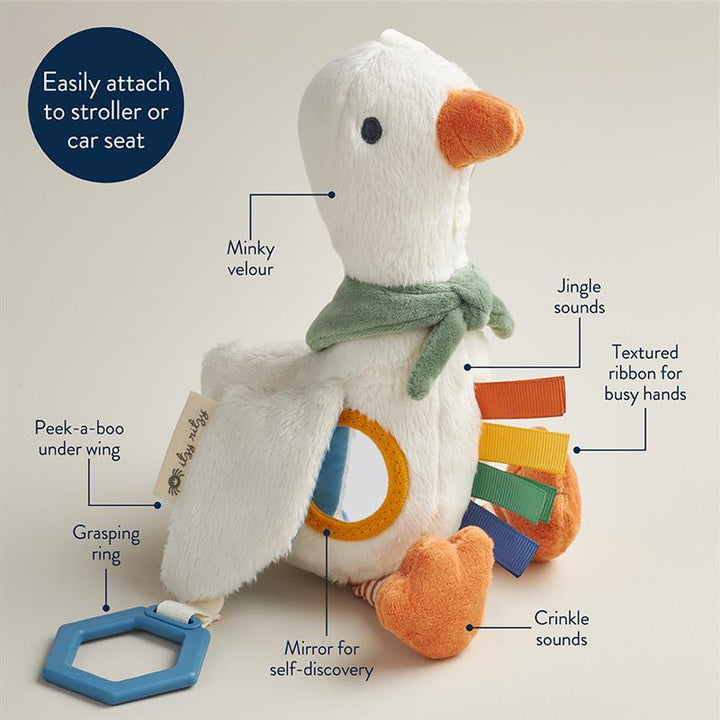 this picture points out all of the different parts of the toy that will provide stimulation for baby. 