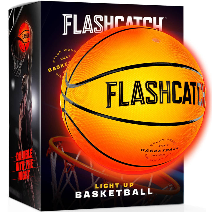 Flashcatch light-up basketball packaging with basketball design on a black background