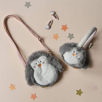 furry gray penguin handbag and furry gray ear muffs with matching penguin clips