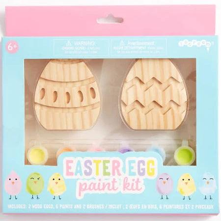 paint your own egg kit, includes 2 wooden eggs and a set of pastel paints. this picture shows it in the packaging