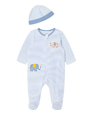 baby footed onesie with embroidered elephants on it. the base color is blue and white stripes with one orange and one blue elephant