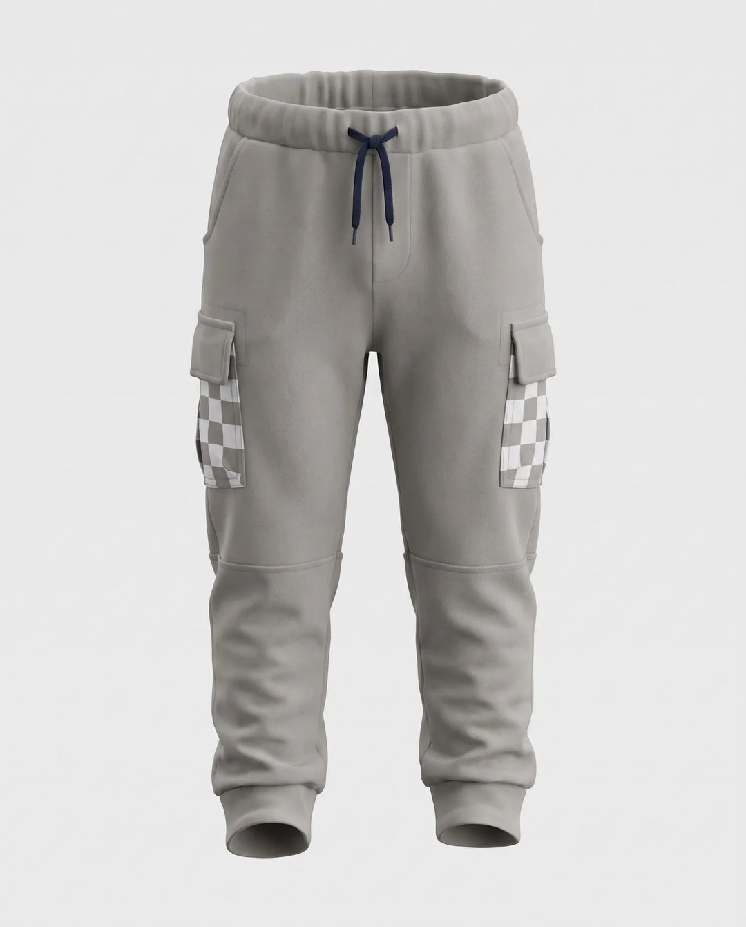 Light gray cargo jogger pants with a navy blue drawstring, side cargo pockets, and checkerboard patterned accents on the upper leg pockets, shown against a light gray background.