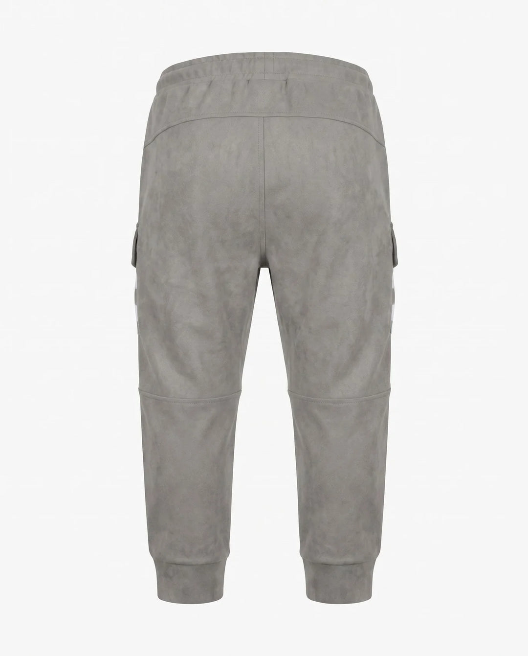 A pair of light gray jogger pants shown from the back, featuring an elastic waistband, side cargo pockets, and ribbed ankle cuffs, photographed against a plain white background.