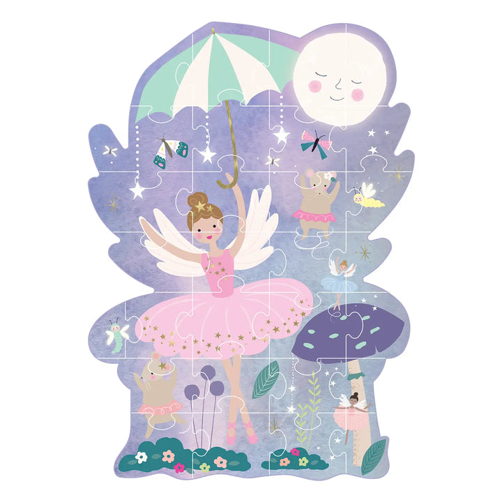 Children's fairy-themed puzzle with a fairy character and various elements on a white background