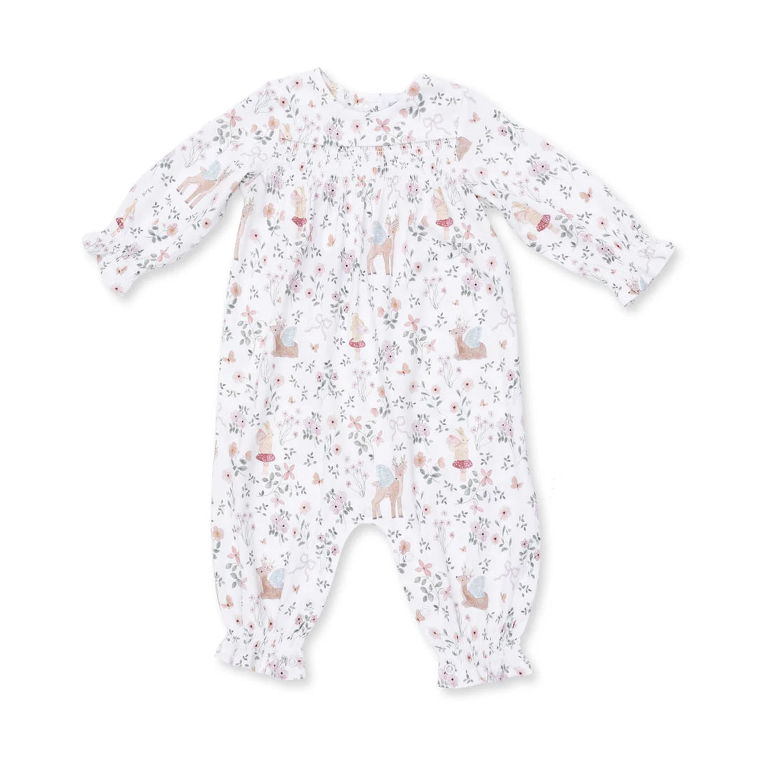 Baby onesie with delicate woodland animal pattern on a white background