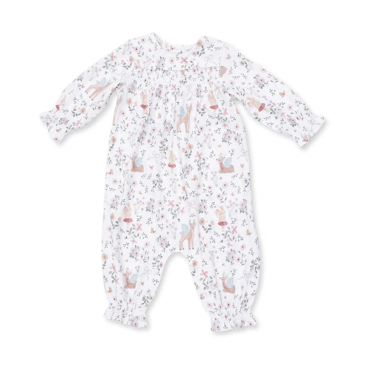 Baby onesie with delicate woodland animal pattern on a white background