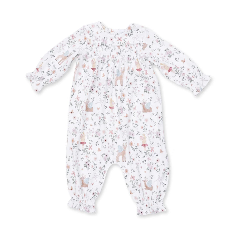 Baby onesie with delicate woodland animal pattern on a white background
