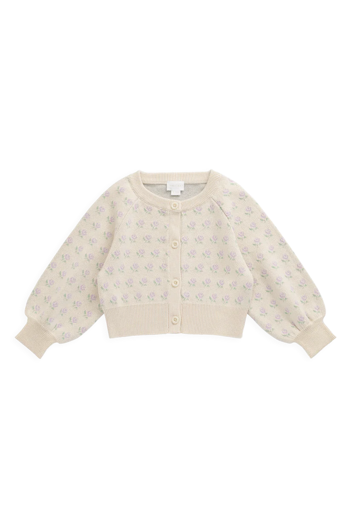 Beige cardigan with floral pattern on a white background