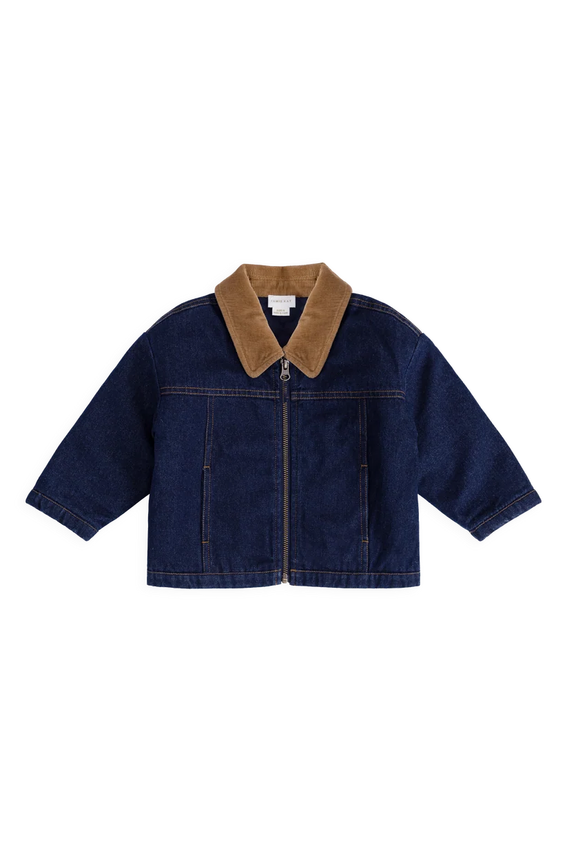 A dark blue denim jacket with a contrasting brown corduroy collar, laid flat against a solid white background.