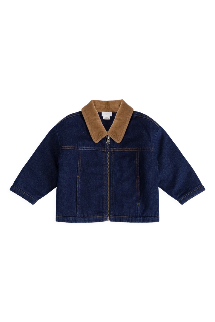 A dark blue denim jacket with a contrasting brown corduroy collar, laid flat against a solid white background.