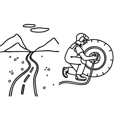 picture of inside pages of book with man by a wheel and a mountain road to color in