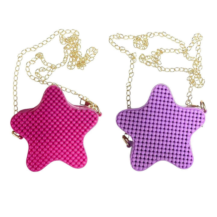 mini bubble jelly bag in the shape of the star. one bag in pink and one in purple. gold chain crossbody.