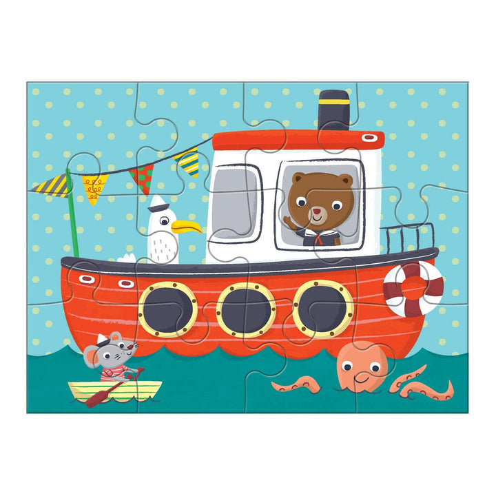 Children's puzzle with a boat and animal characters on a blue background