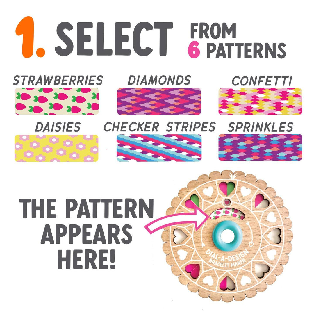 this picture shows the mechanism you use to make bracelets and the designs you ave to choose from. 6 different designs. 