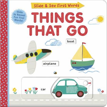board book with the theme of boats, planes and cars. slide and see pictures through the book.