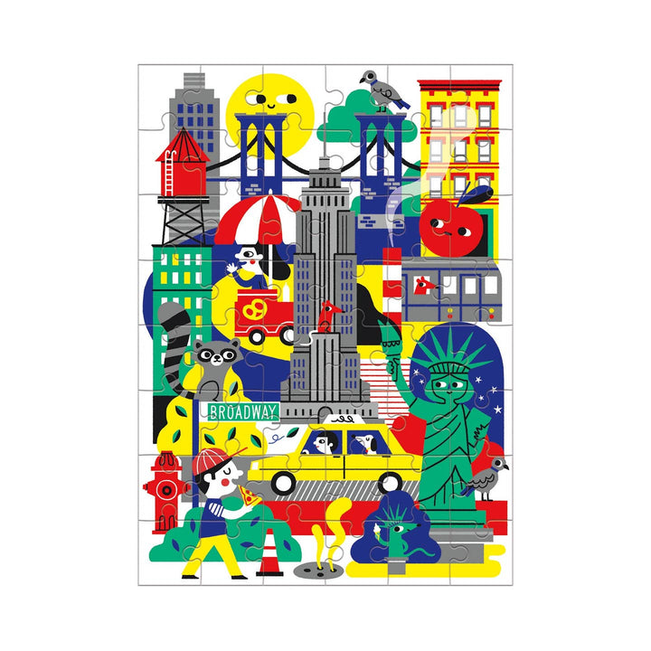 Colorful illustration of a cityscape with iconic landmarks and characters.