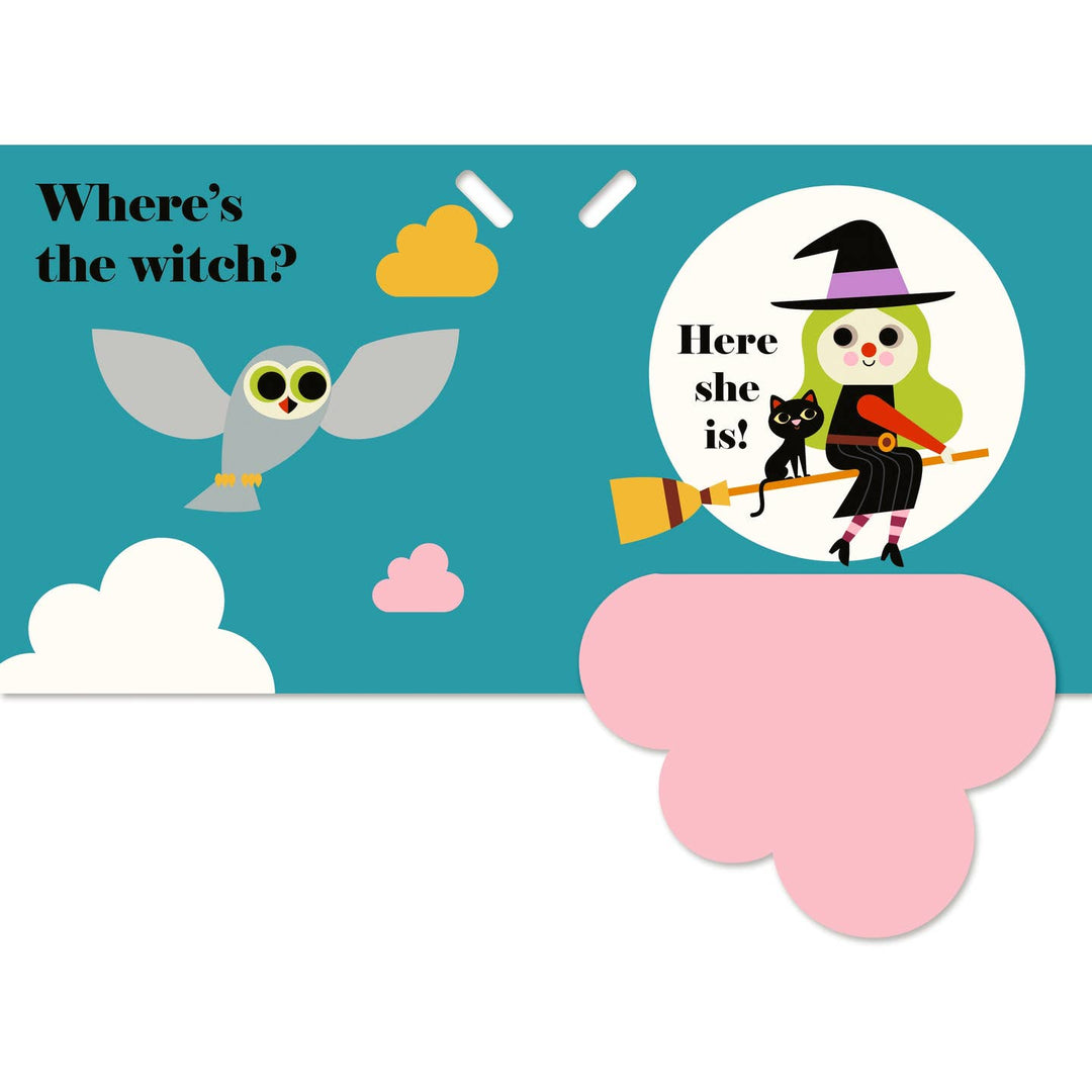 Children's book page with a witch on a broomstick and an owl, against a blue background with clouds.